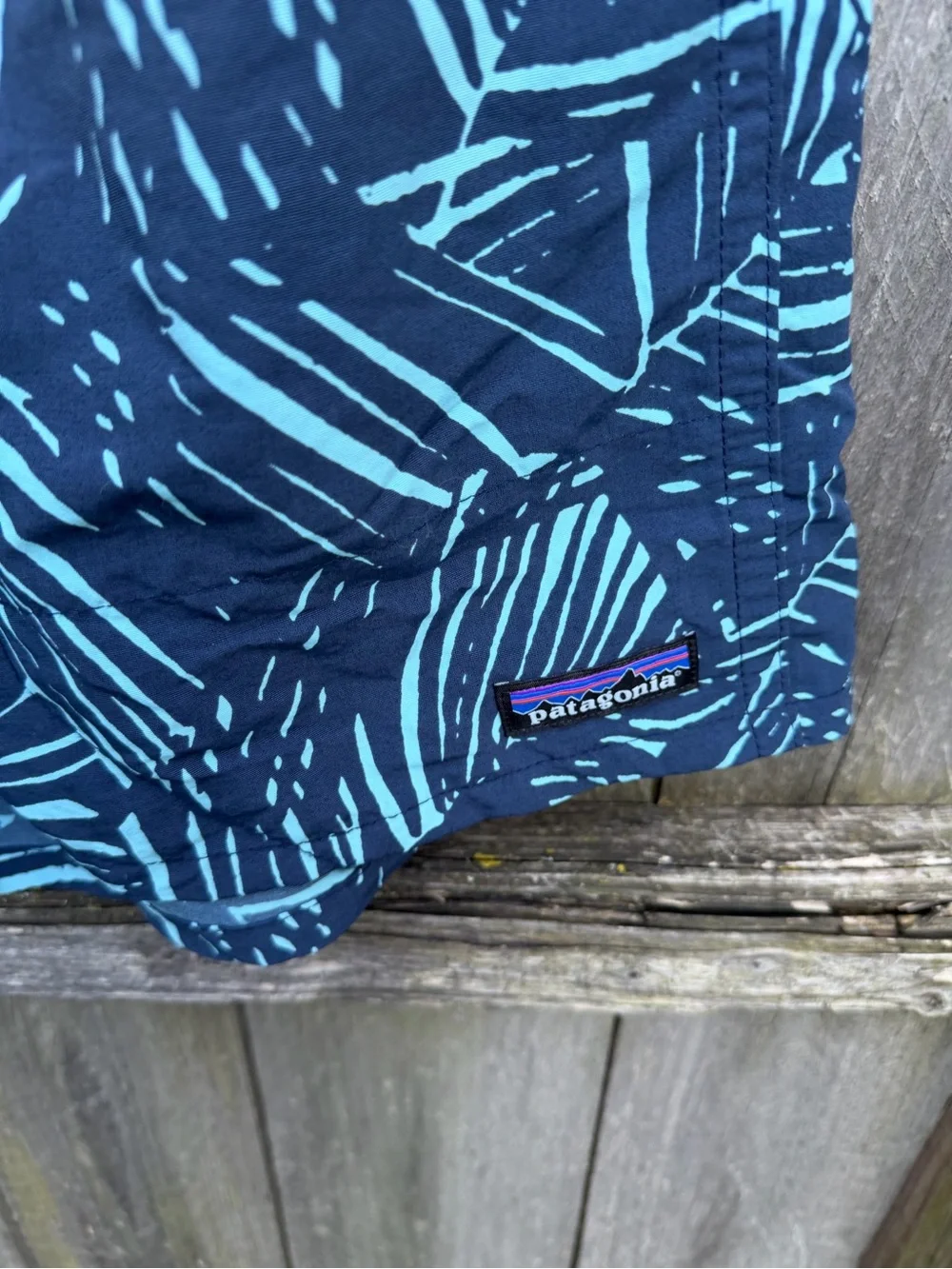 Patagonia Navy and Teal Leaf-Print Swim Shorts